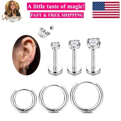 G23 Titanium 18G 16G Tragus Piercing Jewelry Labret Stud Internal Threaded CZ...