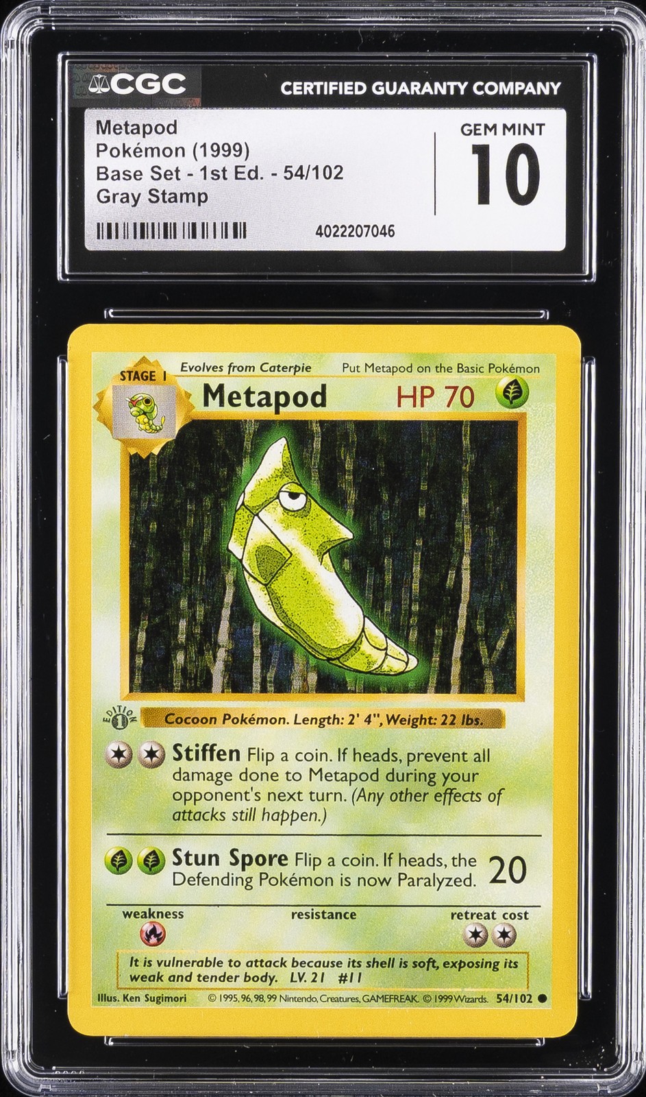 1999 BASE SET 1ST ED #54 METAPOD CGC 10 GEM MINT