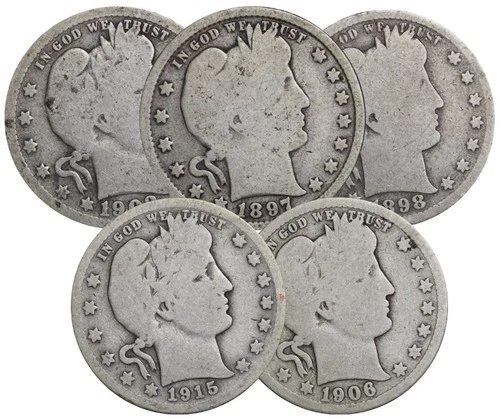 BARBER SILVER QUARTER LOT 5x COINS GOOD+ G/VG SILVER RANDOM DATE COIN LOT