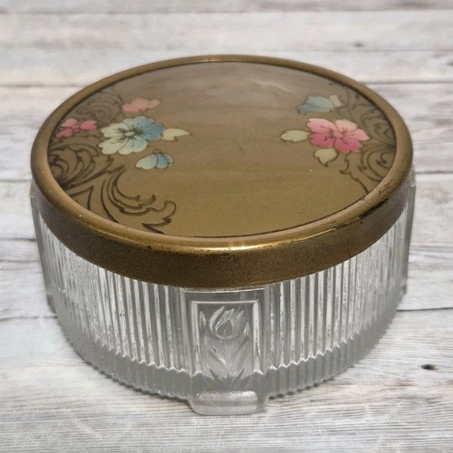 Vintage Glass Vanity Jar Trinket Box Powder Jar Ribbed Glass Base Painted Floral