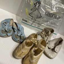 Lot Vtg Antique Leather Baby Doll Shoes Gertrudes Slippers Sandals Blue Bag/212e