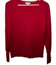 Ann Taylor Loft Womens Red Cotton Scoop Neck Long Sleeve Button Cuff Sweater S