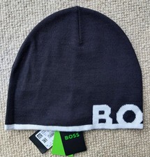Genuine HUGO BOSS Dark Navy White 50% Virgin Wool Logo SKULL BEANIE Hat 50477275