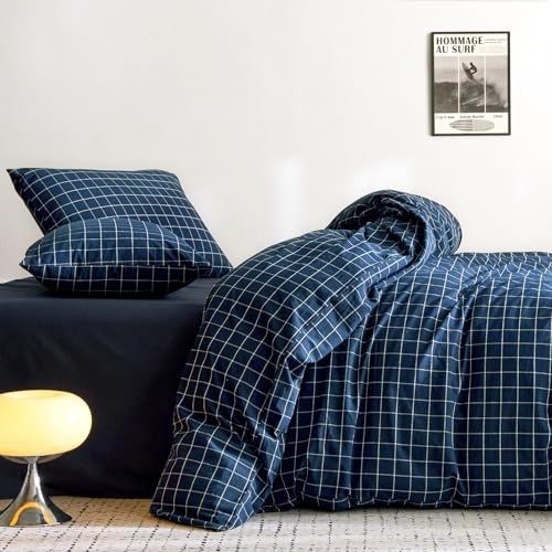  - Grid Cotton Duvet Cover Set, Plaid Checkered Geometric Full Navy Blue - Picture 5 of 8