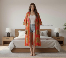 Boho Indian Hand Block Print Cotton Kimono Maxi Dress,Tiger Hand Printed Kimono