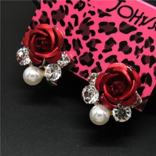 New Sweet Girl Red Rose Flower Pearl Crystal Fashion Women Stand Earrings Gift