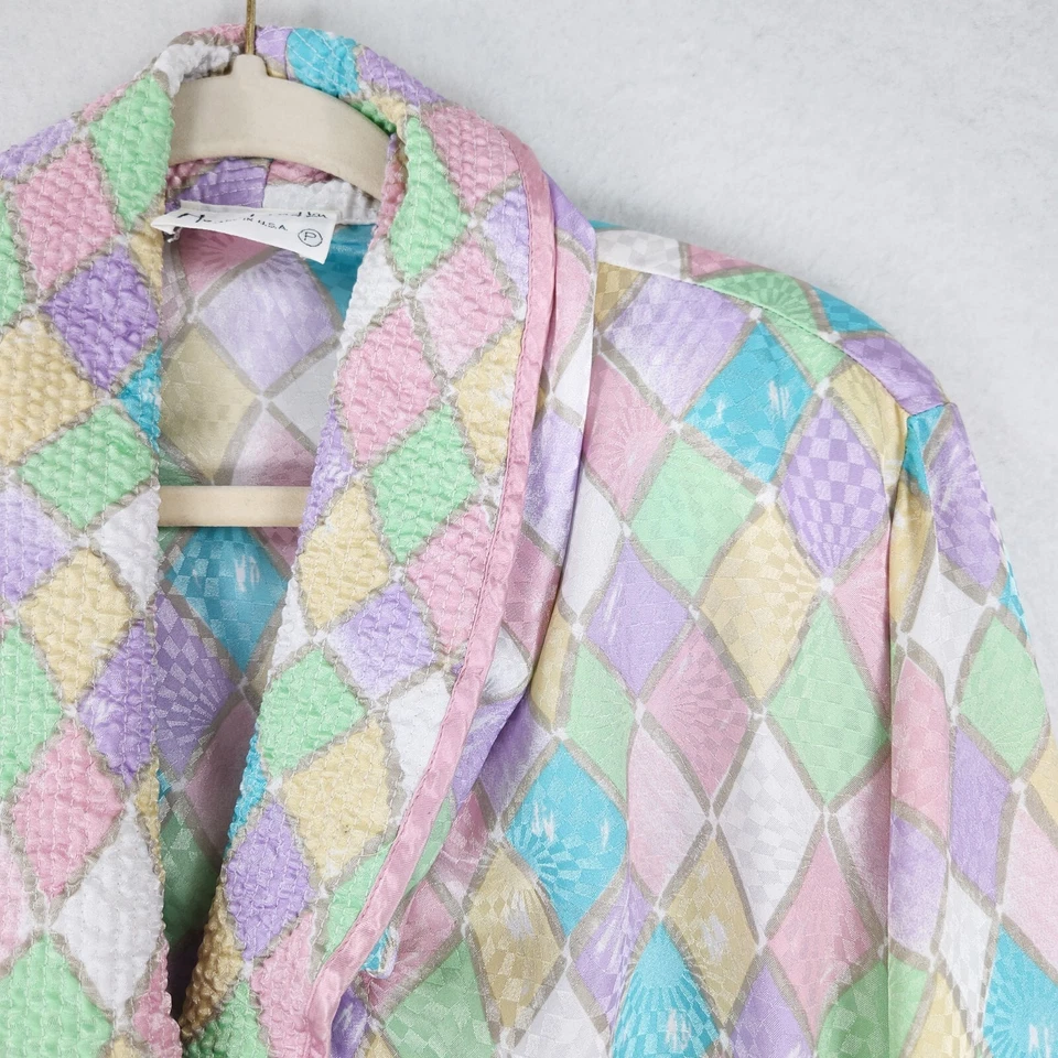 Bata vintage para mujer talla única rosa Mary McFadden largo completo colorido abrigo de casa Foto 3 de 4