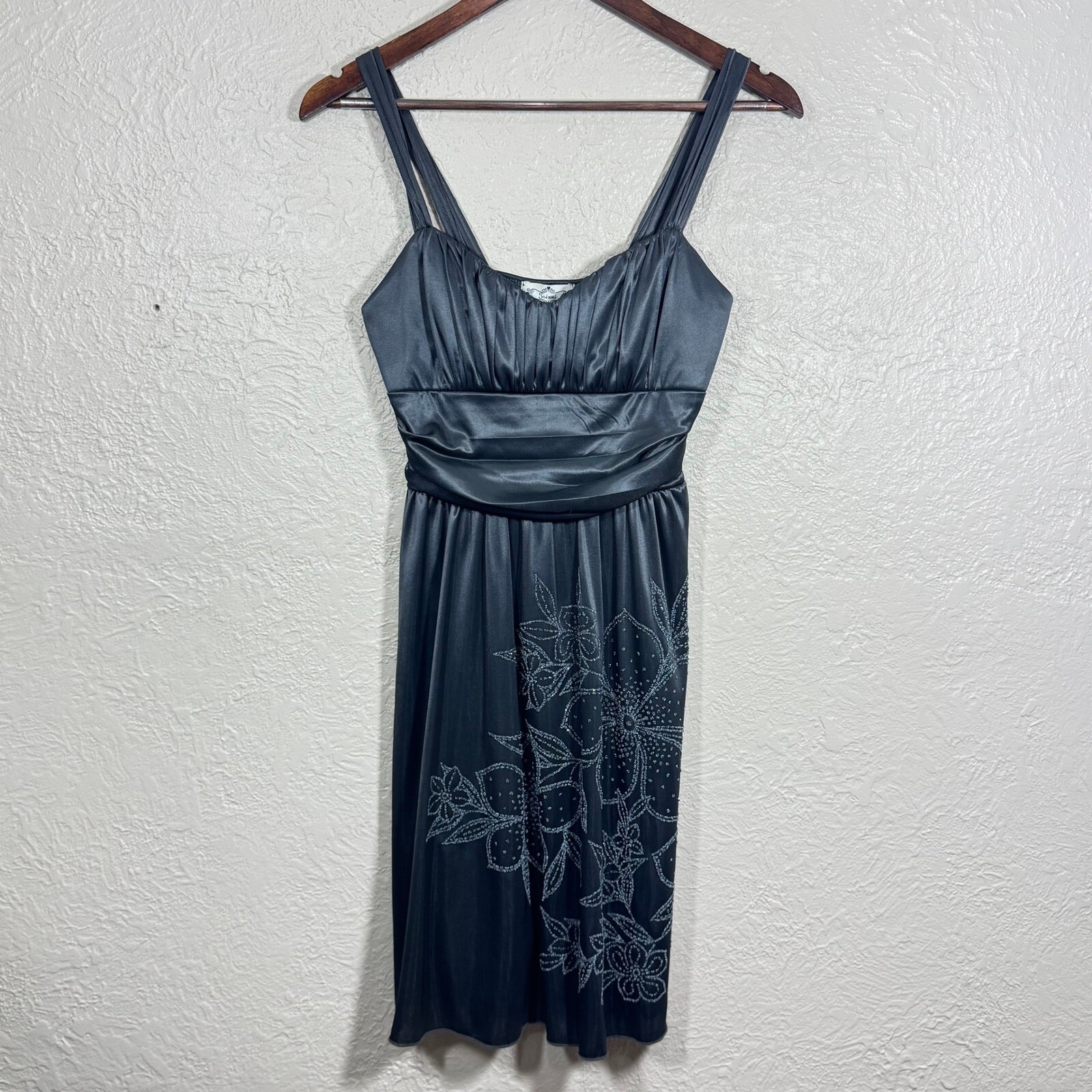 Vtg Y2K Babydoll Satin Dress Small Mini Beaded Floral USA Made Pleated Coquette
