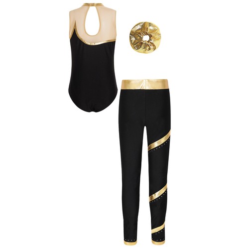 Kids Girls Dancewear Headwear Outfits Pants Set Leotard Competition Patchwork - Picture 16 of 41