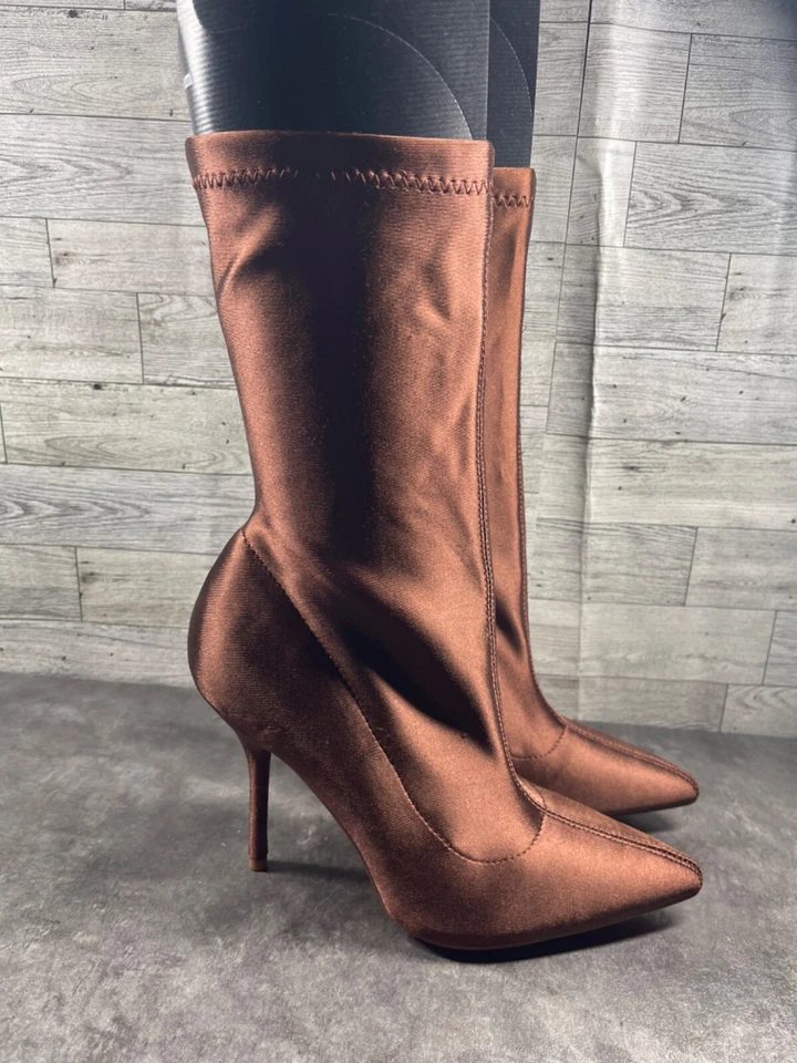 Liliana Calcetín Botas Mujer 10M Zapatos Marrón Satinado Pull On Comodidad Punta Foto 3 de 4