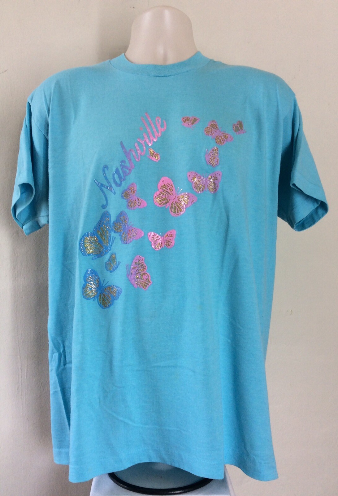 Vtg 80s Early 90s Screen Stars Nashville T-Shirt Blue L/XL Butterfly Souvenir