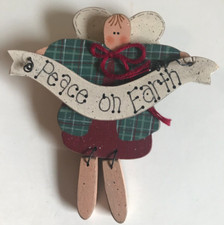 HANDCRAFTED  HANDPAINTED  WOOD PEACE ON EARTH ANGEL BROOCH  SIGNED RENEE