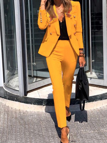 Tailleur elegante ufficio completo donna giallo elegante giacca pantalone  4936 | eBay
