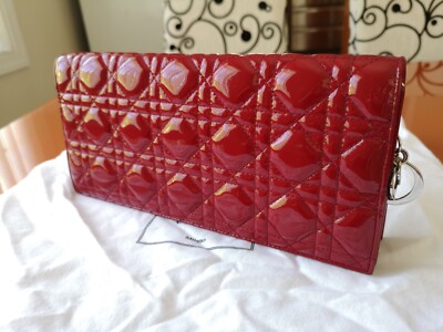 即発送【DIOR】ディオール★RED PATENT LADY WALLET【ランクAB】 DIOR Patent Cannage Lady Dior Convertible Clutch Pouch Red