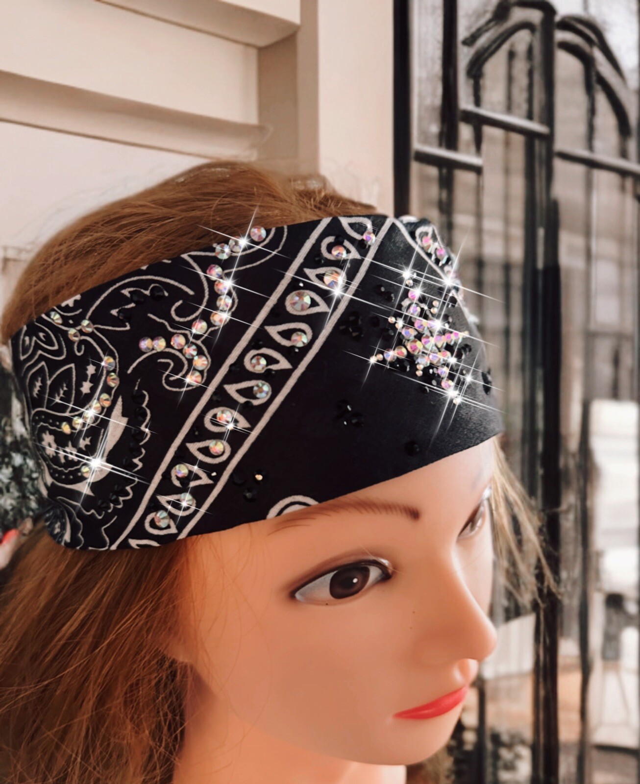Black Rhinestone Bandana Headband, Handmade One Of A Kind! eBay