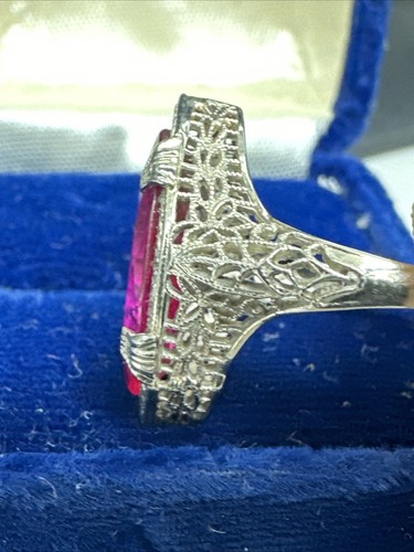 Filigree Art Deco 14kt White Gold- Ruby Red Color Marquise Cohen & Platzer - Picture 7 of 9
