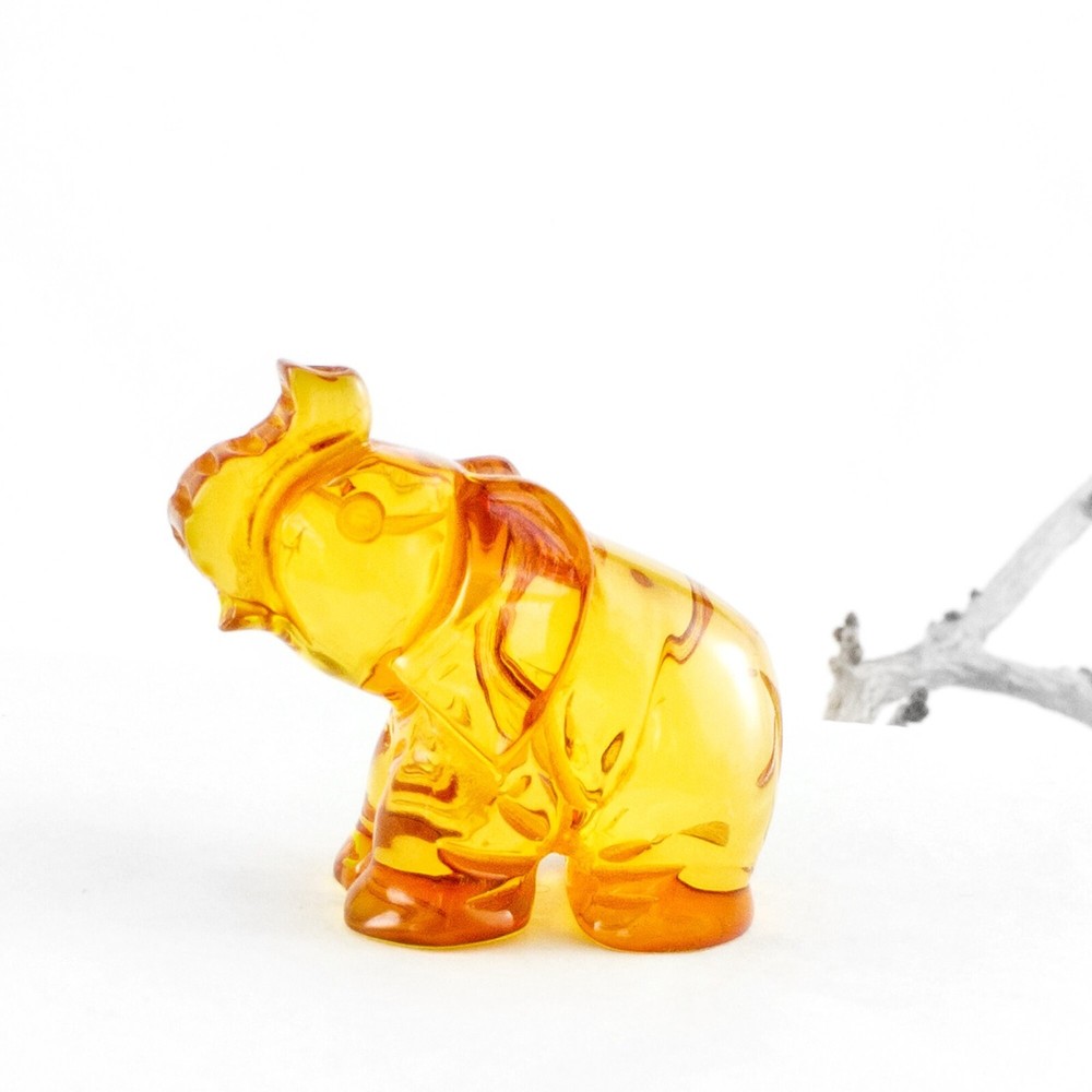 Amber Elephant Figurine, Hand Carved Genuine Baltic Amber Elephant Sculpture