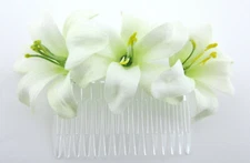 Triple Cream White Lily Silk Flower Hair Comb,Pin up,Updo,Rockabilly,Bridal