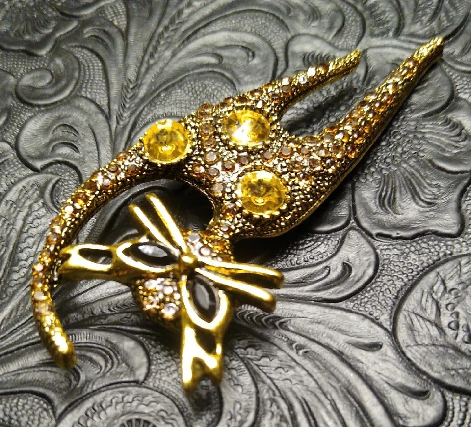 Broche prendedor gato Betsey Johnson 2,75" tonos naranja/bronce/dorado con pedrería ¡EXCELENTE ESTADO USADO! Foto 4 de 4