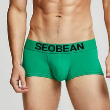 Seobean Men Cotton Boxer Briefs Soft Pouch Shorts Pure Color Low-rise Underwear