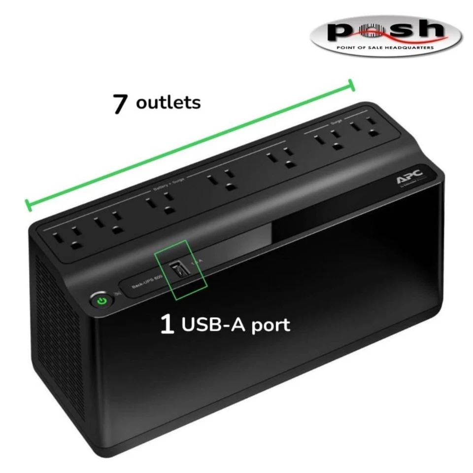 NEW - APC BE600M1 Back-UPS 600VA 120V – 7 Outlets, 1 USB Charging Port - Image 2 of 2