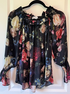 Adam Lippes Collective Floral Print Semi Sheer Chiffon Top XS Ruffle Collar Vv20