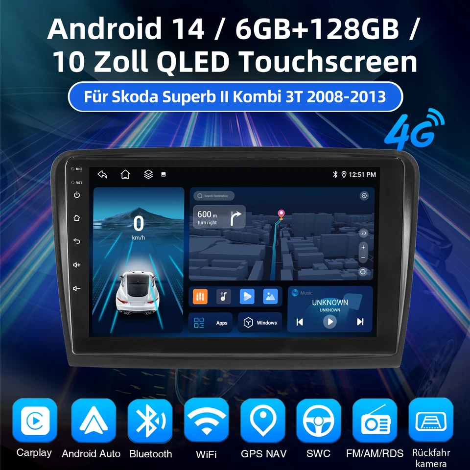 128G Für Skoda Superb II 3T4 3T5 2008-2015 Android 14 Autoradio Navi GPS Carplay - Bild 2 von 4