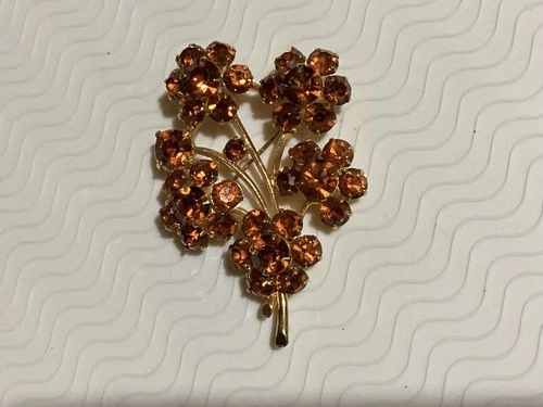 Vintage Signed Eisenberg Gold Tone Amber Rhinestone Flower Brooch
