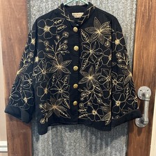 Vtg New Direction Womens Blazer Jacket Black Gold Embroidered Floral Sequin XL