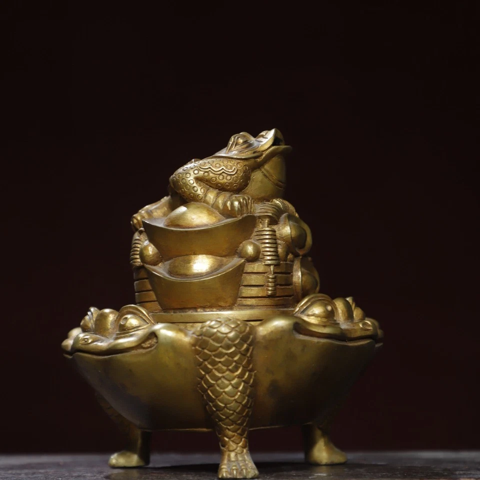 5.9" China Old Collection Treasure Copper Gilt Gold Toad Incense Burner - Image 2 of 4