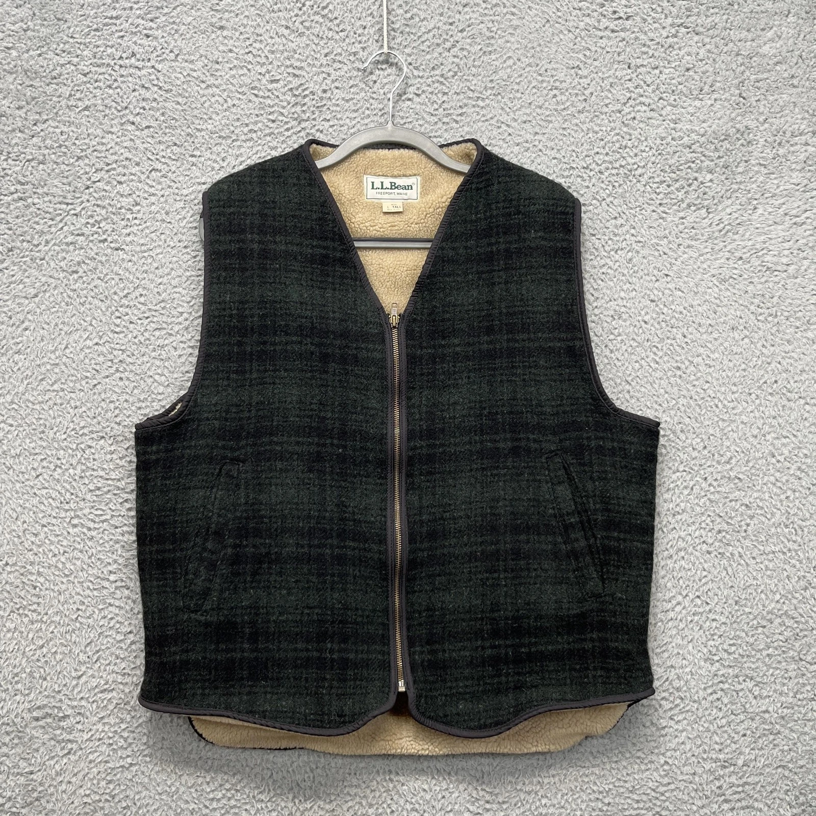 Vintage LL Bean Vest Mens LT Green Plaid Wool Sherpa Fleece Lined Full Zip USA