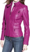 Giacca di design in pelle rosa da festa da donna 100% vera pelle di agnello...