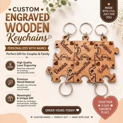 Custome Engraved Personalized Wooden Heart Puzzle Keychain Set, 6pc
