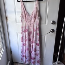Olga Vintage Pink Floral Lace Nightgown Sleeveless Long Regular Size
