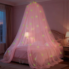Pink Princess Bed Canopy for Girls with Glowing Stars, Canopy Bed Curtains for T