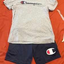 Champion Boys Size 7 Gray Logo T-Shirt Navy Mesh Shorts 2-Piece Outfit