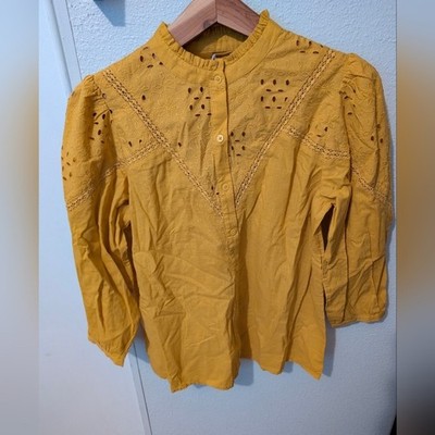 LOFT Eyelet Lace Blouse  Small Mustard Yellow Cotton Button Front Boho Top NWT