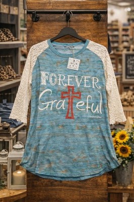 NWT Southern Grace Forever Grateful Rustic Boho Lace Teal Faith Top Women's LRG