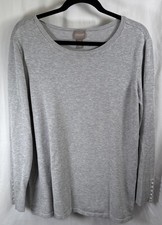 Chicos Grey Long Sleeve Sweater Faux Pearl Button Cuff Accent Women’s Size 3