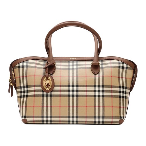 Burberry Cotton Small Check Zip Totel  bag Womens Beige 13.4x5.9x 9.1In