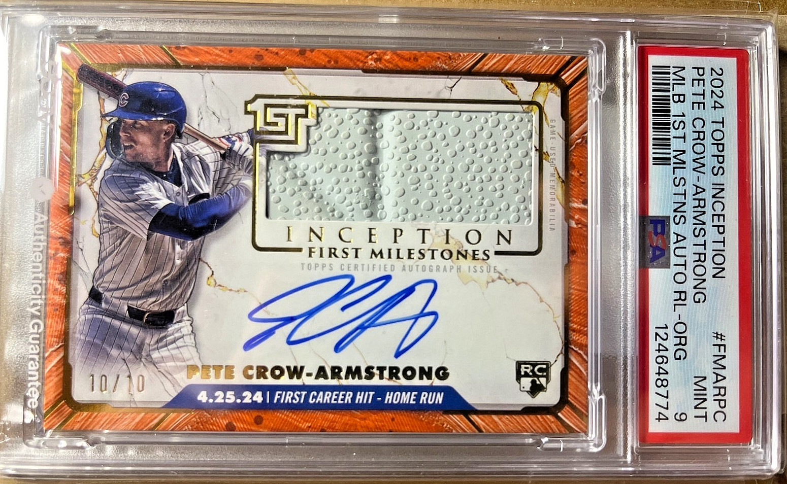 2024 Topps PETE CROW ARMSTRONG RC, Rookie Patch Auto, RPA, #10/10 SSP! PSA 9!