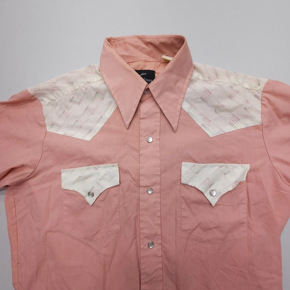 Vtg Champion Westerns Pearl Snap Shirt Mens ~ Small Pink Print Rodeo Rockabilly - Image 3 of 4