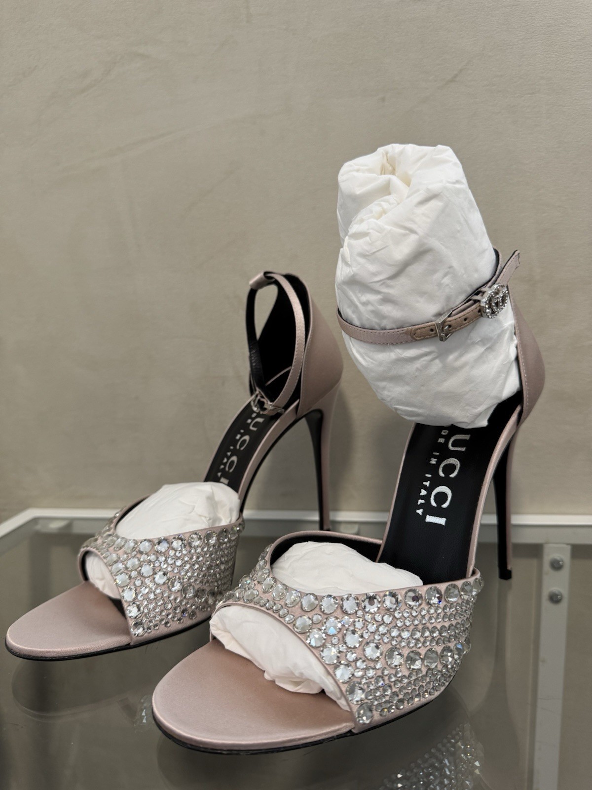 Gucci Women's Silver/nude rose Stiletto with diamonds heel Sandals size 40 thumbnail 4