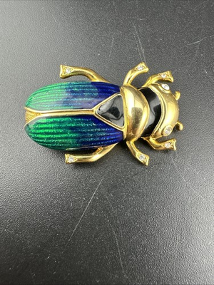 #ad VINTAGE SIGNED LANDAU ENAMEL amp; CRYSTALS BEETLE PIN BROOCH FABULOUS $20.00