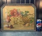 Antique 1920’s? Grapes Fruit Roses Lithograph Print In Arched Frame Print