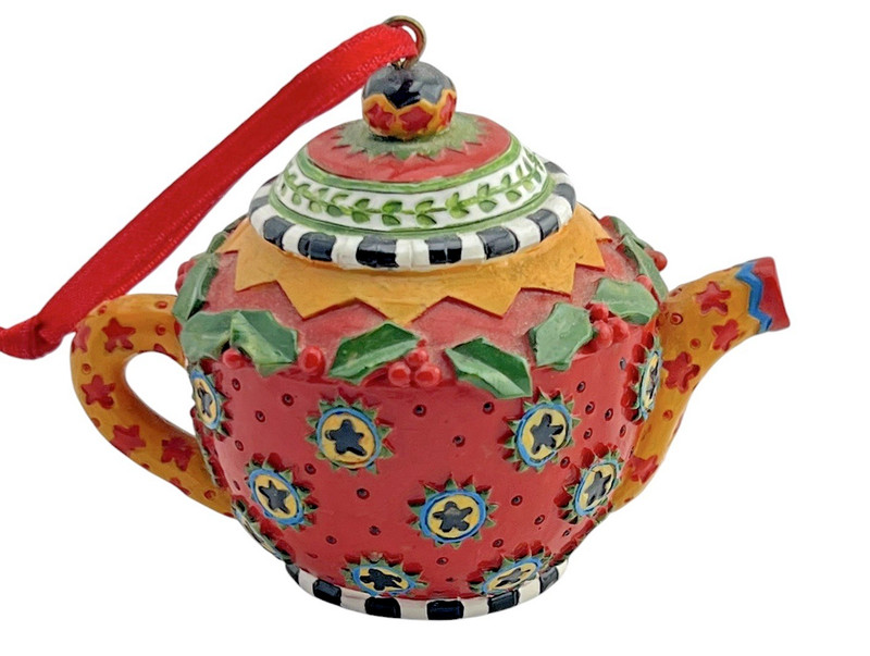 Festive Mary Engelbreit Teapot Ornament Red Strawberry & Holly Berries Resin