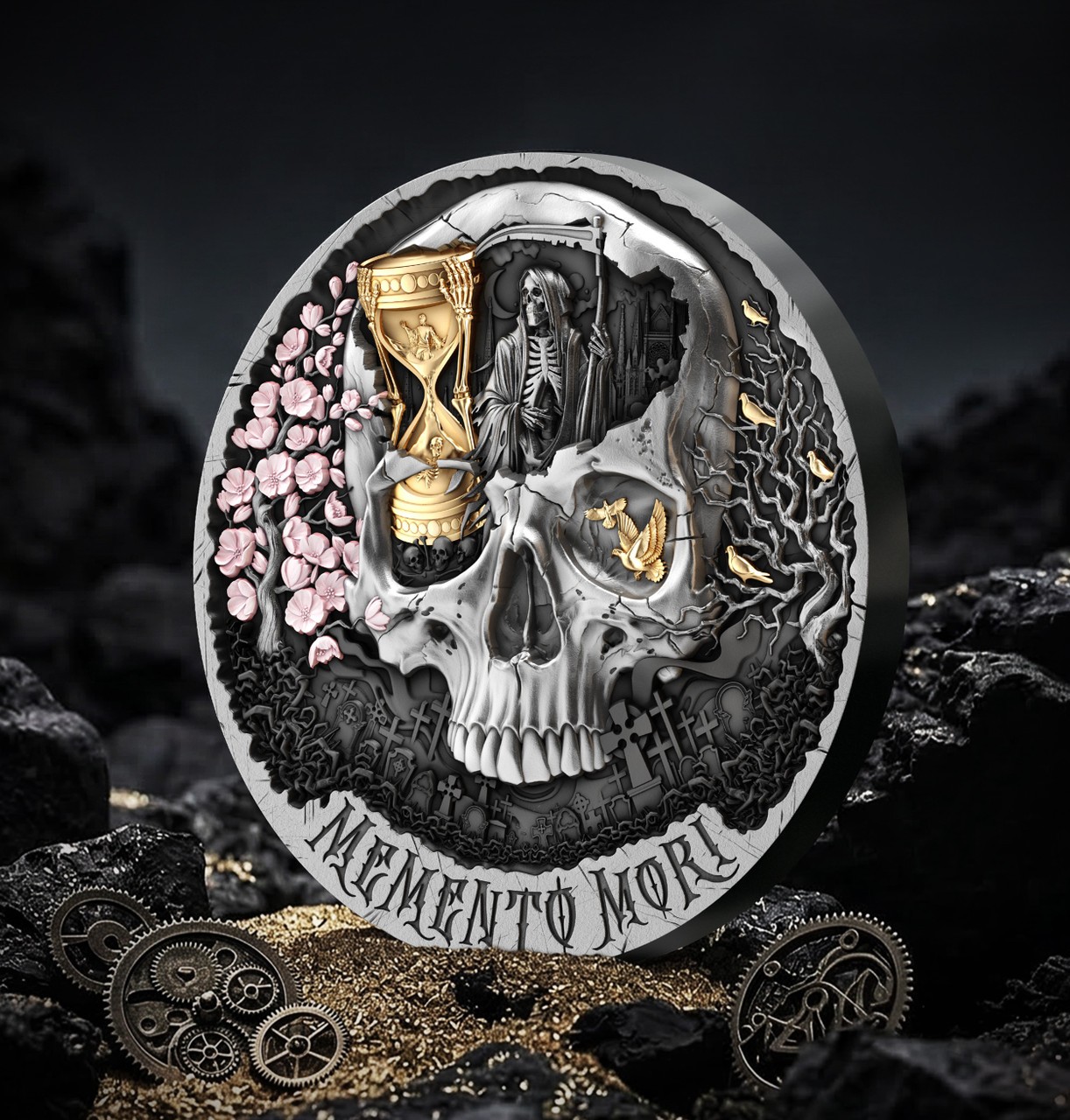 Memento Mori 2026 Cameroun 2oz Silver Antiqued Gilded Colorized Coin