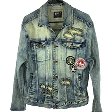 Staple Pigeon Denim Jacket Mens Large Distressed Patches Streetwear Jean Blue