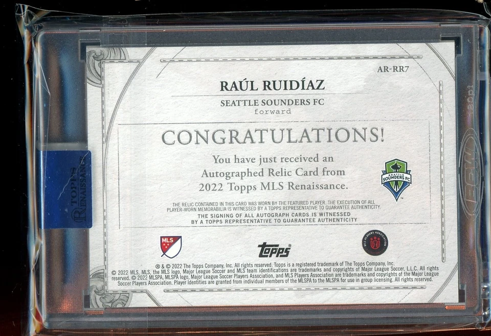 2022 Topps MLS Renaissance Raul Ruidiaz Gold Autograph Relic Auto #7/10 Sounders - Image 2 of 2