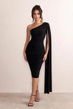Evening Dresses Short Black One Shoulder Sheath Pleated Tea Length Party Gowns